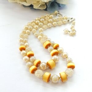 Vintage Orange Lucite Moonglow Iridescent Beaded Necklace Marked Japan 2 Strand